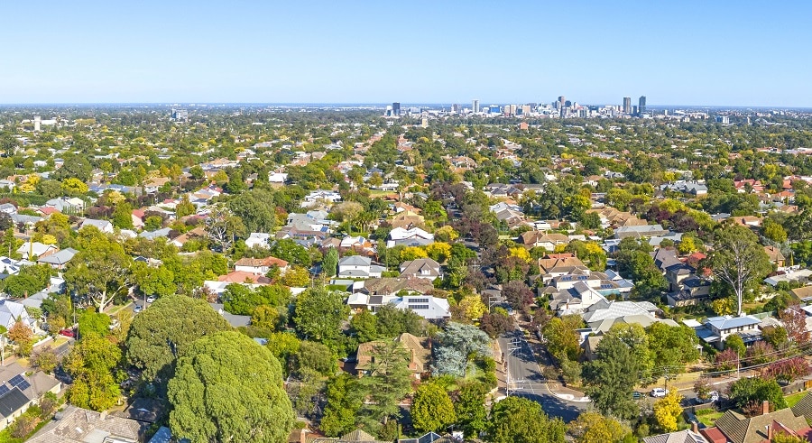 Aerial view of Adelaide showing plenty of trees.
