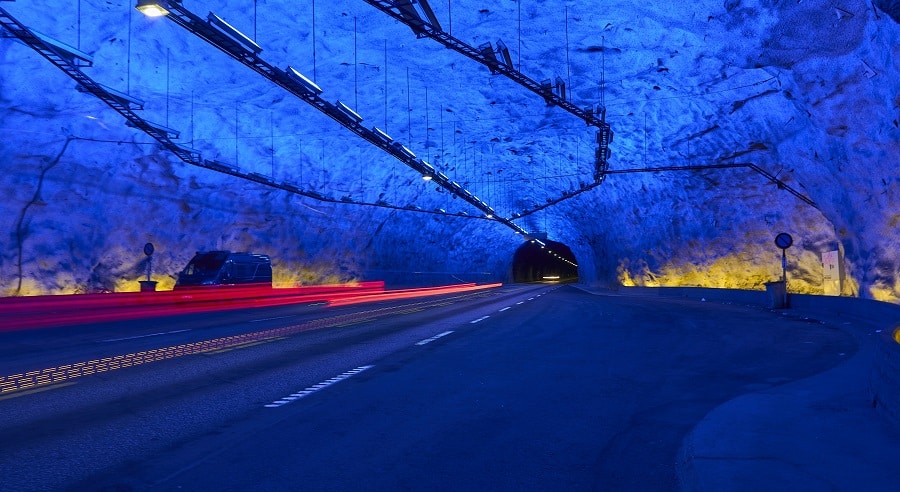 Coloured lights in Lærdal Tunnel, Norway