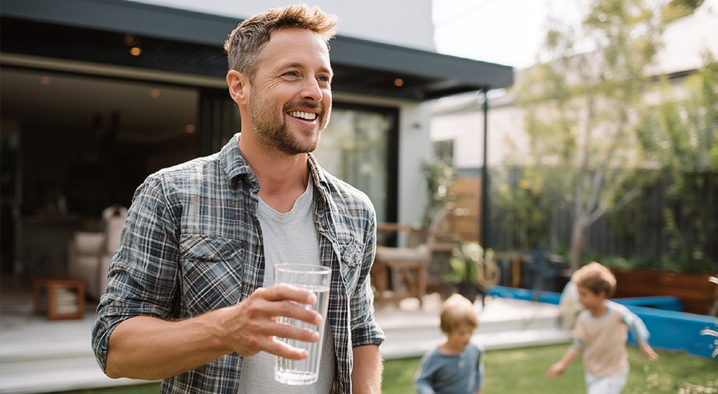 Man outside drinking water with two children playing
