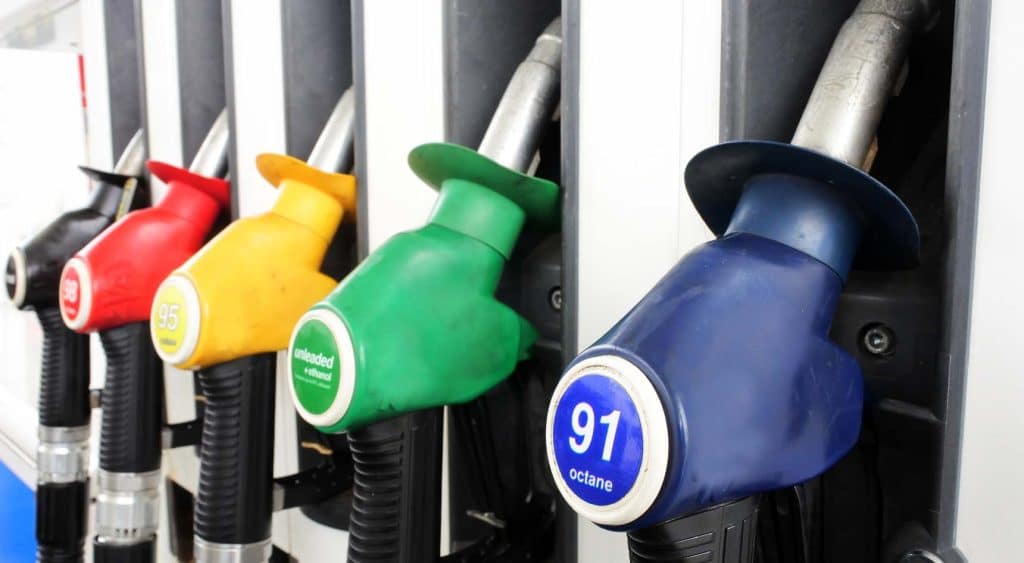 a row of petrol pumps including 91 Octane.