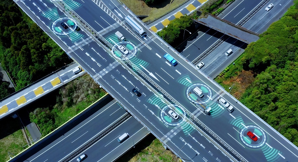 Animation of cars on highway showing tech.