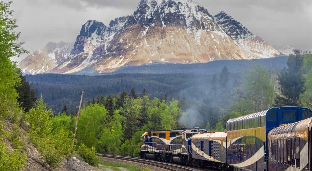 Rocky Mountaineer passing through the Rockies towards Jasper.