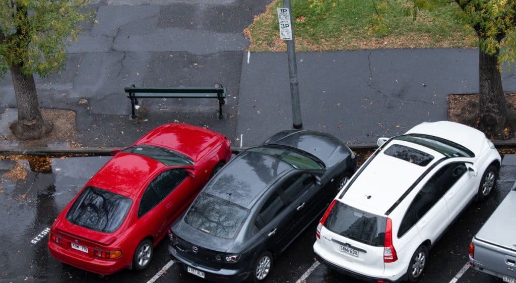Cars angle parked.