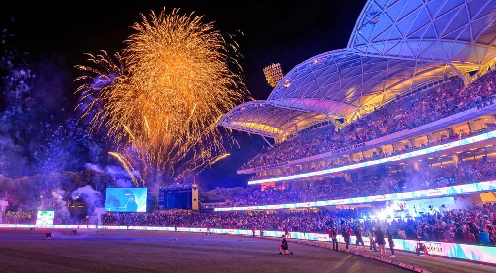 Adelaide Oval with fireworks during an Adelaide Strikers New Years Eve game.