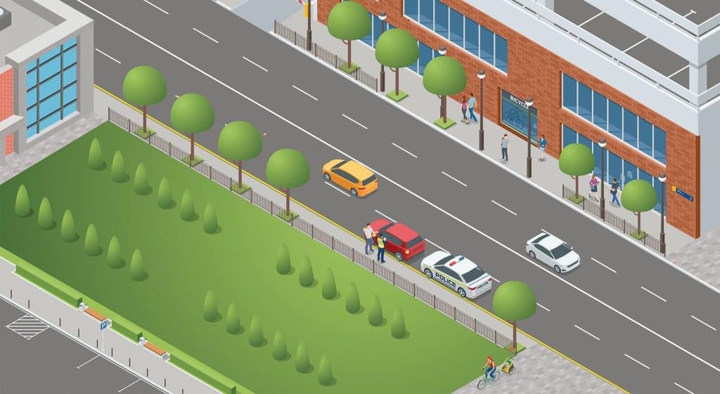 Police chatting with driver stopped on yellow line.