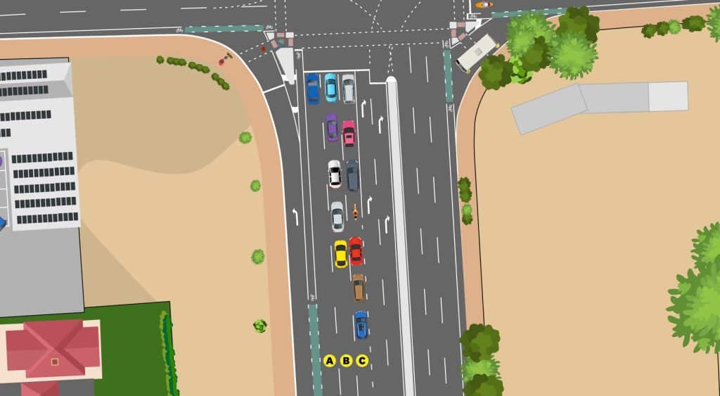 A diagram showing an intersection with traffic waiting to cross.