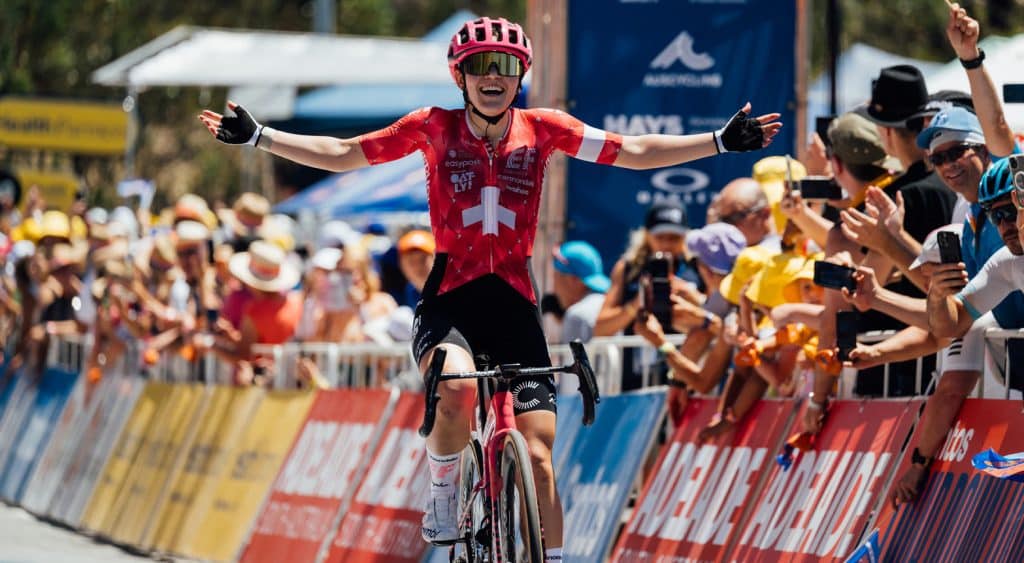 Cyclist celebrating at the finish line