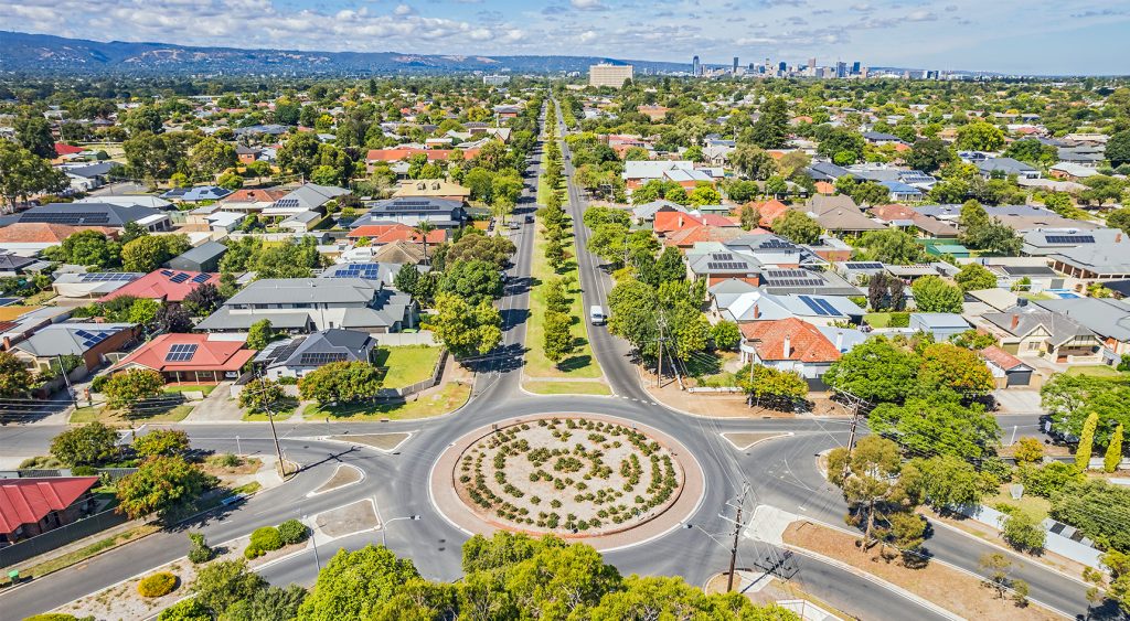Overhead picture of an Adelaide suburban roundabout
