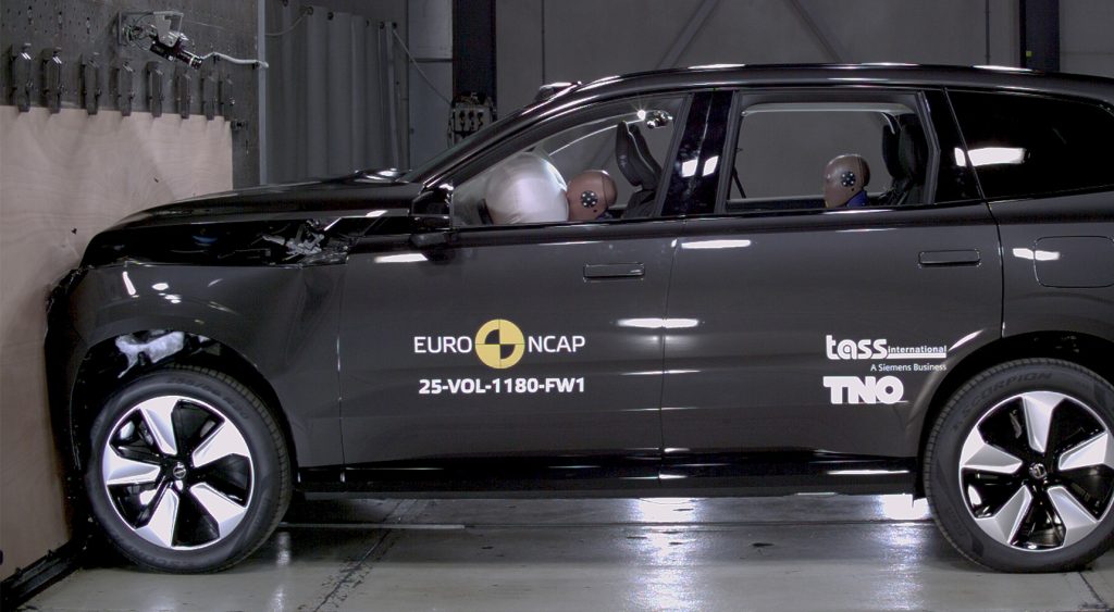 A Volvo EX90 being crash tested under lab conditions